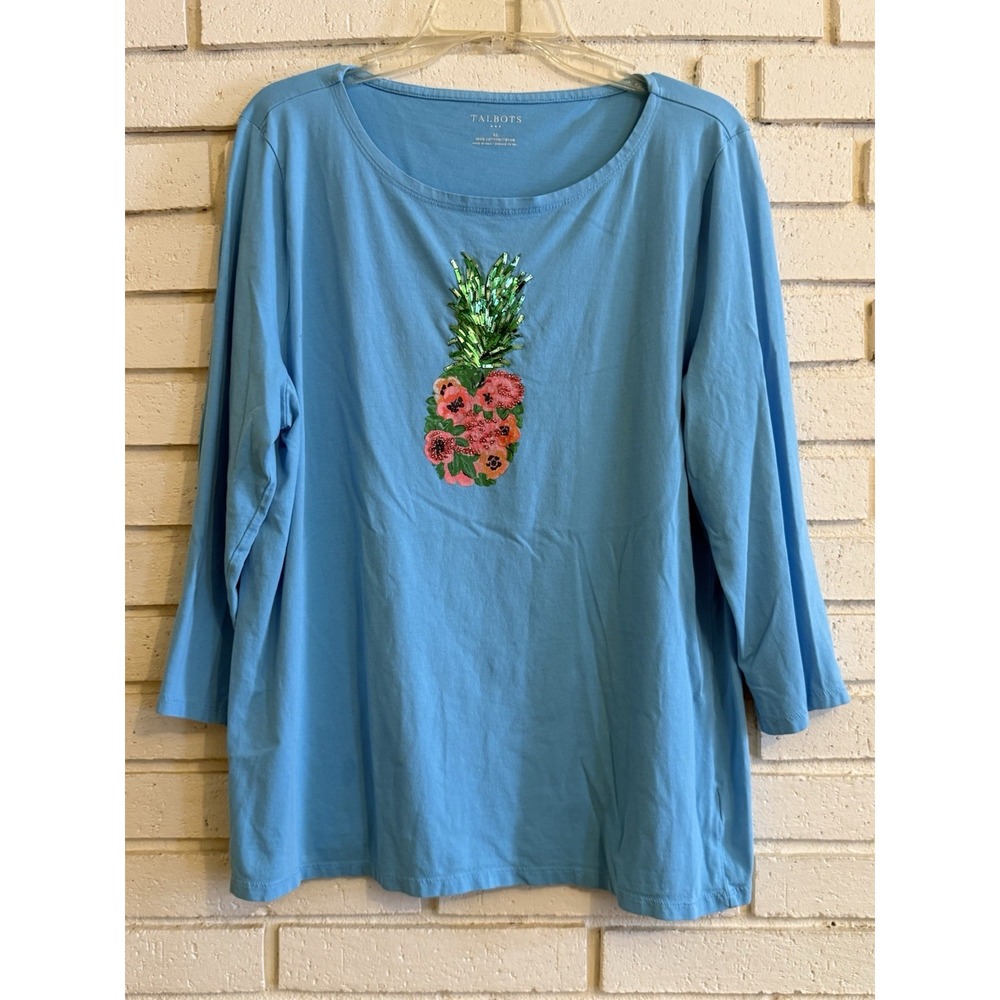 Talbots Blue Sequin Pineapple Shirt Womens Size XL‎ Long Sleeve